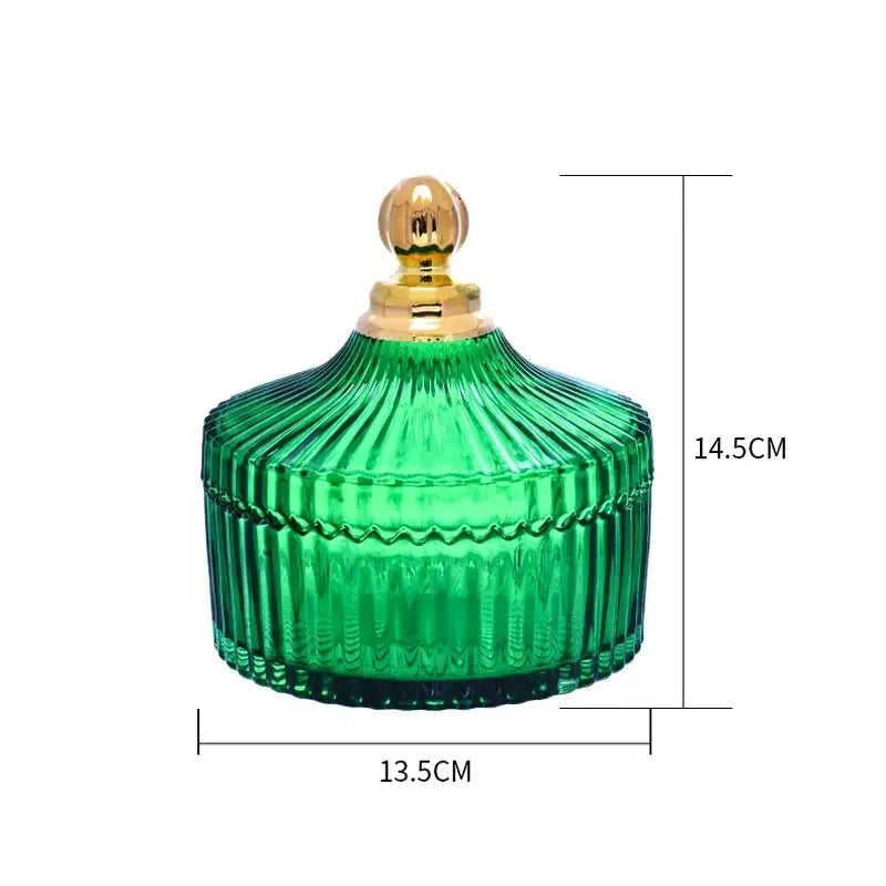 Emerald green striped ribbed glass storage jar with golden spherical lid ideal for bedroom jewelry decorbites green striped