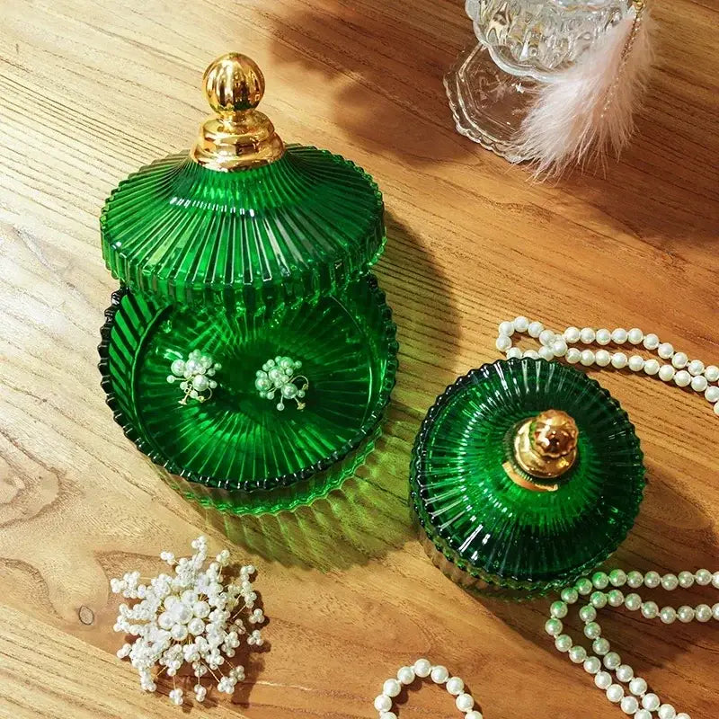 Emerald green striped glass storage jar with ribbed design and gold toned knob for bedroom jewelry decorbites green striped