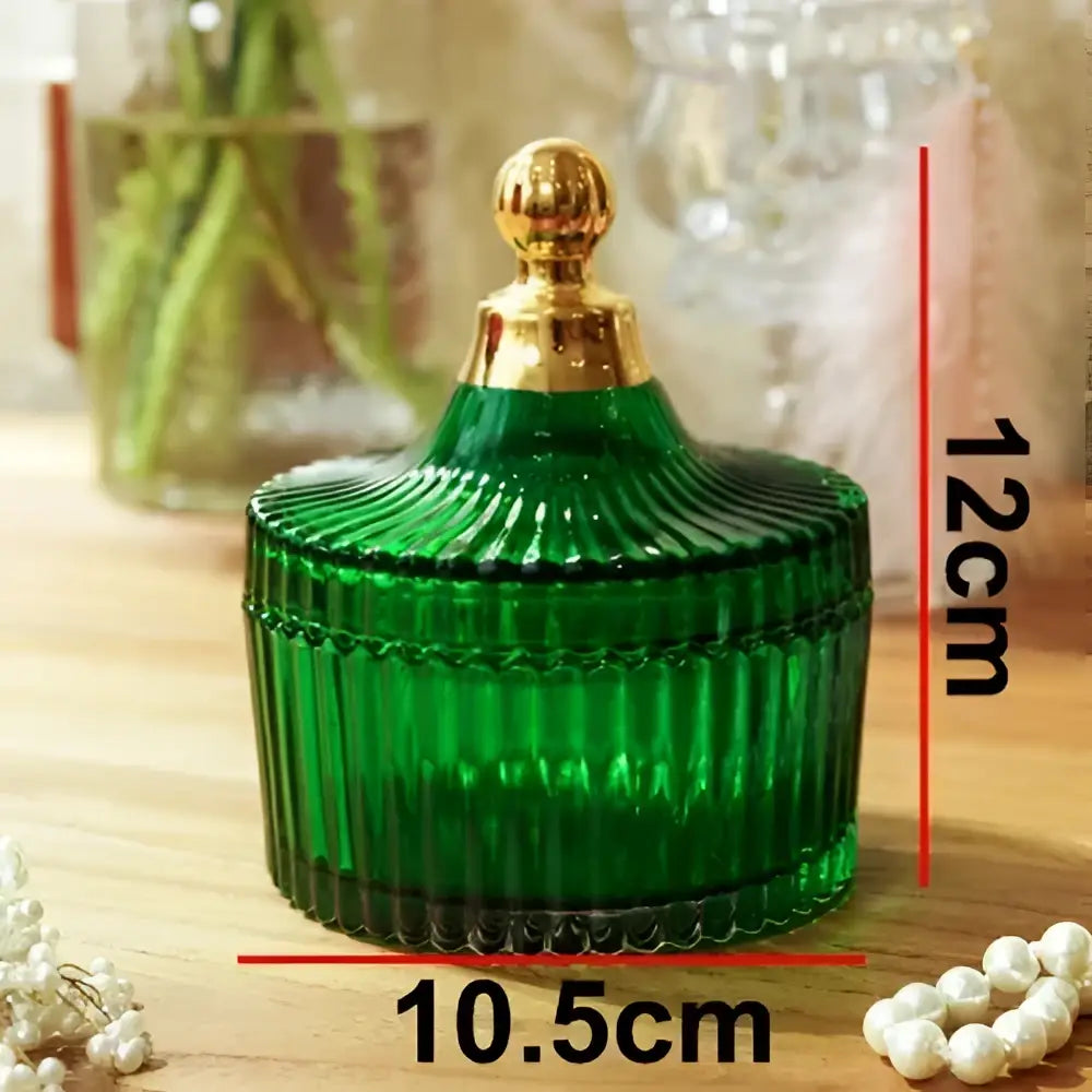 Emerald green striped glass storage jar with ribbed texture and gold toned lid for bedroom jewelry decorbites green striped
