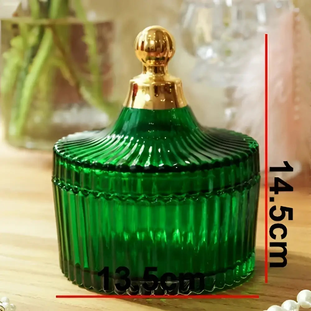 Emerald green striped ribbed glass storage jar with a golden dome lid for bedroom jewelry decorbites green striped