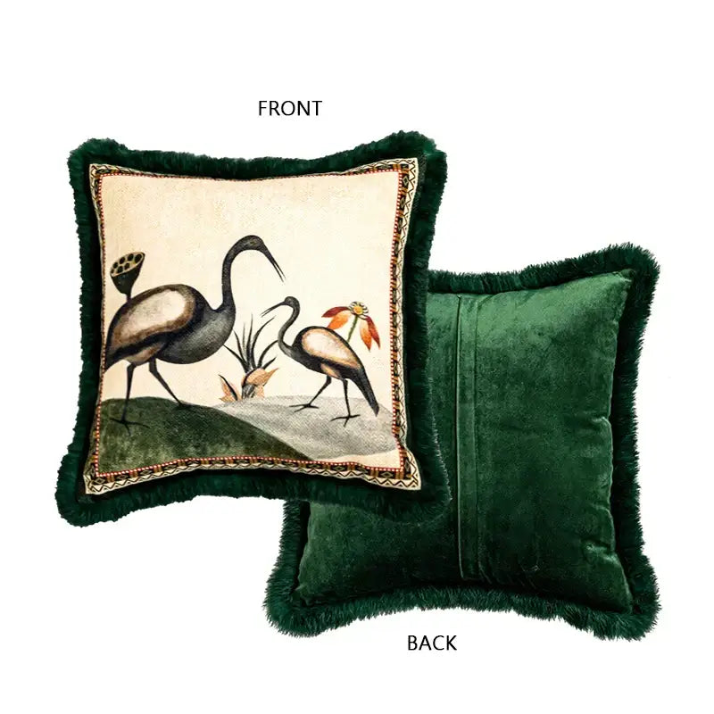 Emerald green velvet cushion cover with fringed edge and decorbites birds floral print for living room decor