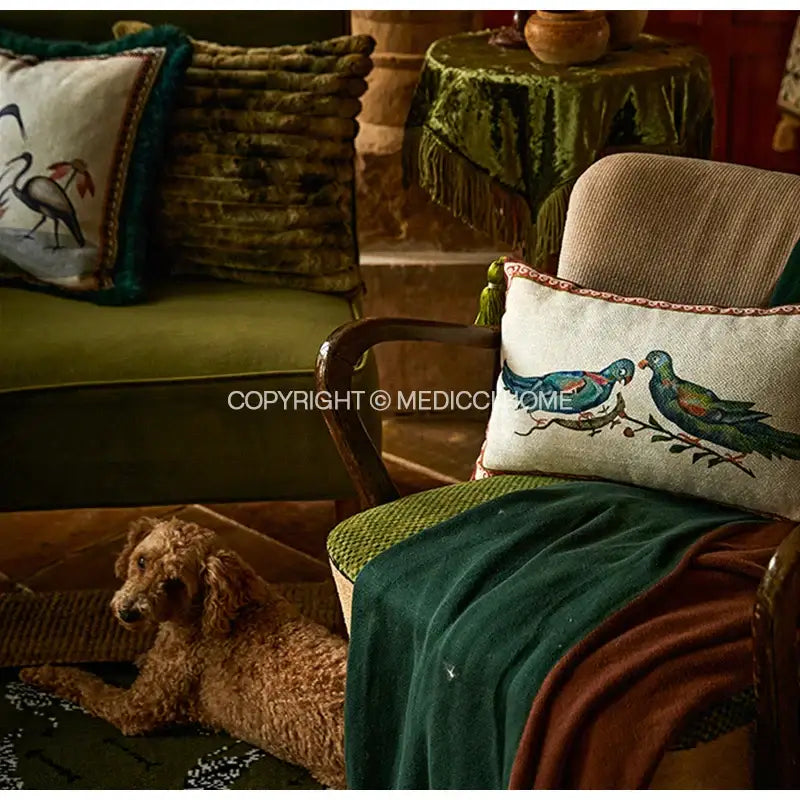 Beige rectangular cushion cover with decorbites birds floral embroidered print and red stitched border for living room decor