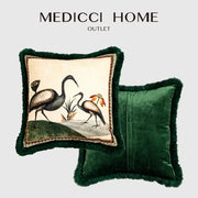 Emerald green velvet cushion cover with fringed edges and cream decorbites birds floral print panel for living room decor