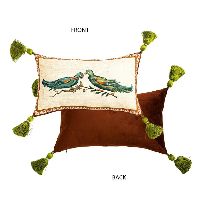 Rectangular cream cushion cover with decorbites birds floral embroidery, ornate red gold border, and green tassels for living room