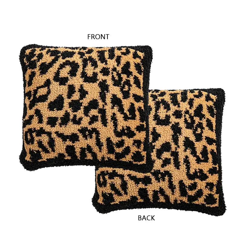 Fuzzy leopard print throw pillows with black and tan fabric complement emerald green velvet birds floral print cushion cover decorbites living room decor