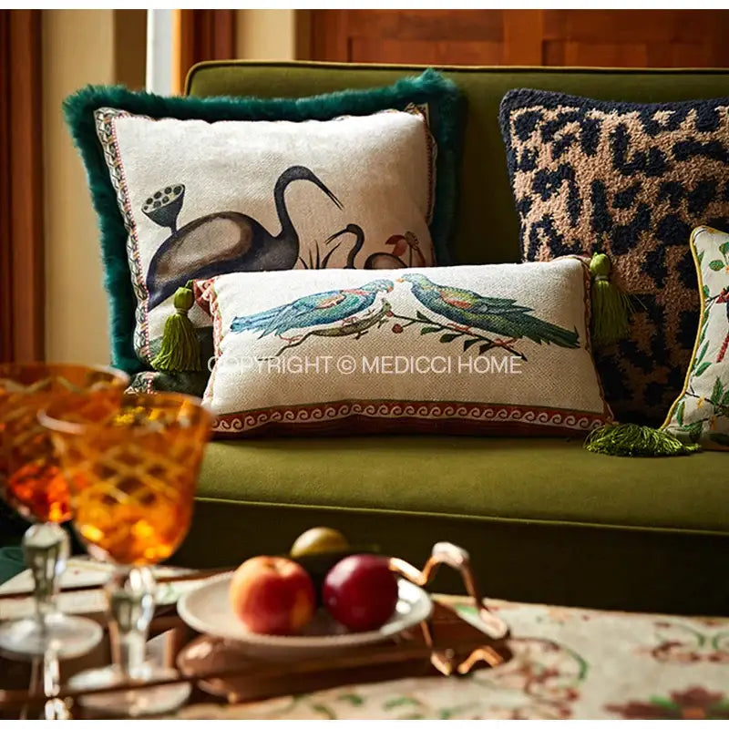 Cream-colored cushion cover with embroidered blue and green birds floral print and tassels for living room decorbites decor