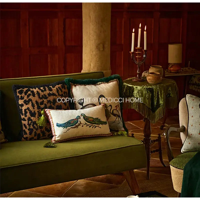 Emerald green velvet cushion cover with decorbites birds floral print featuring embroidered blue green double birds design