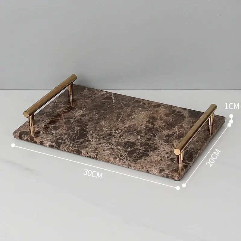 Rectangular emperador dark marble serving tray with polished brass handles for bathroom use in brown and gold tones