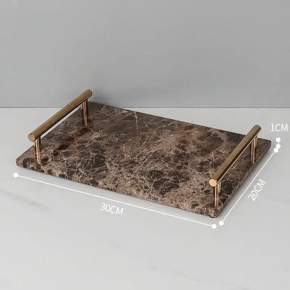 Rectangular emperador dark marble serving tray with polished brass handles for bathroom use in brown and gold tones