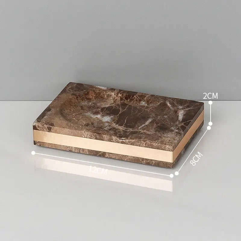 Rectangular brown emperador dark marble soap dish with gold-colored metallic trim for dark marble bathroom sets