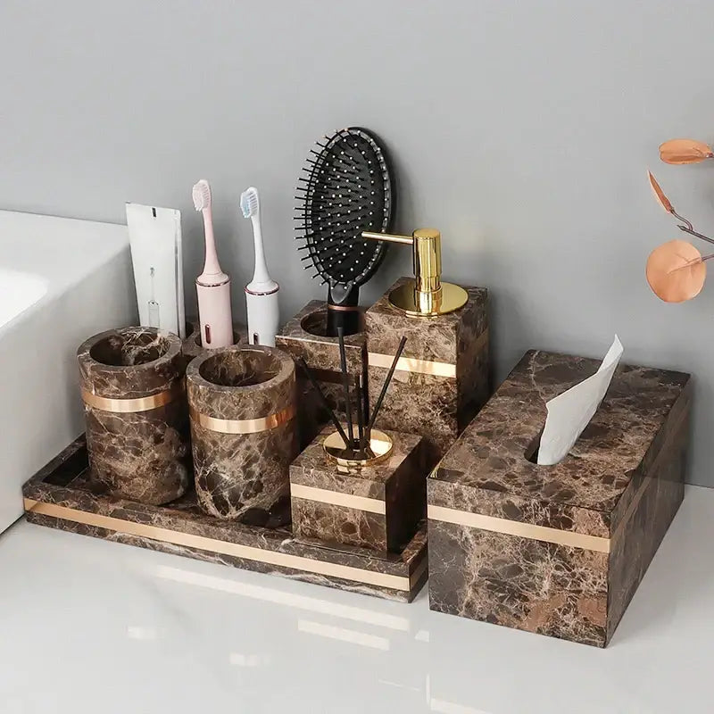 Brown emperador dark marble bathroom organizer set with gold accents for elegant dark marble bathroom decor