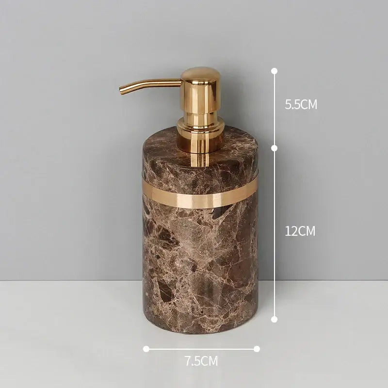 Brown marble soap dispenser with gold-tone pump and accent band from emperador dark marble bathroom set
