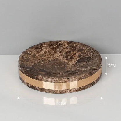 Brown emperador dark marble soap dish with a gold metallic band for dark marble bathroom accessories