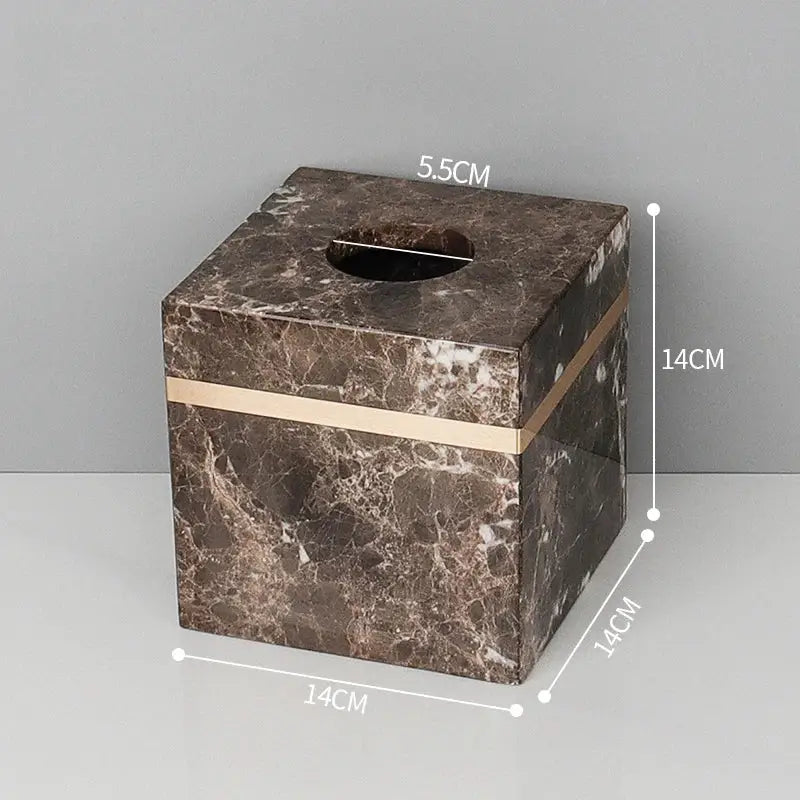 Brown emperador dark marble tissue box with gold accent band from dark marble bathroom accessories set