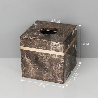 Brown emperador dark marble tissue box with gold accent band from dark marble bathroom accessories set
