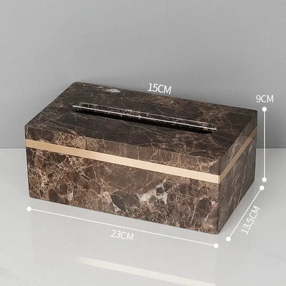 Brown marble tissue box with gold trim and sleek design from emperador dark marble bathroom set