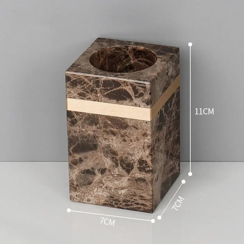 Brown emperador dark marble trash can with gold accent band for elegant dark marble bathroom accessories set