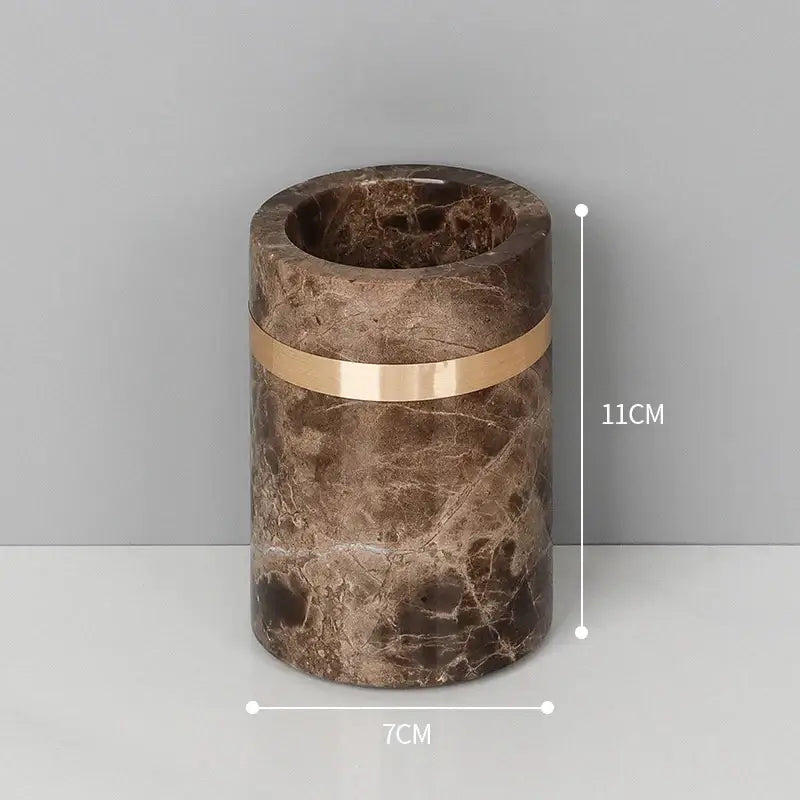 Brown emperador dark marble trash can with gold metallic band from emperador dark marble bathroom set