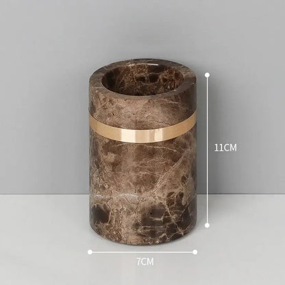 Brown emperador dark marble trash can with gold metallic band from emperador dark marble bathroom set