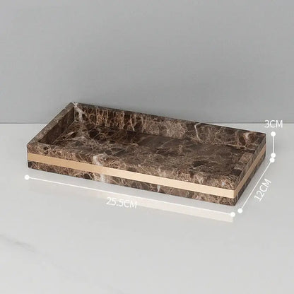 Emperador dark marble tray with gold-colored metallic trim for elegant dark marble bathroom accessories set