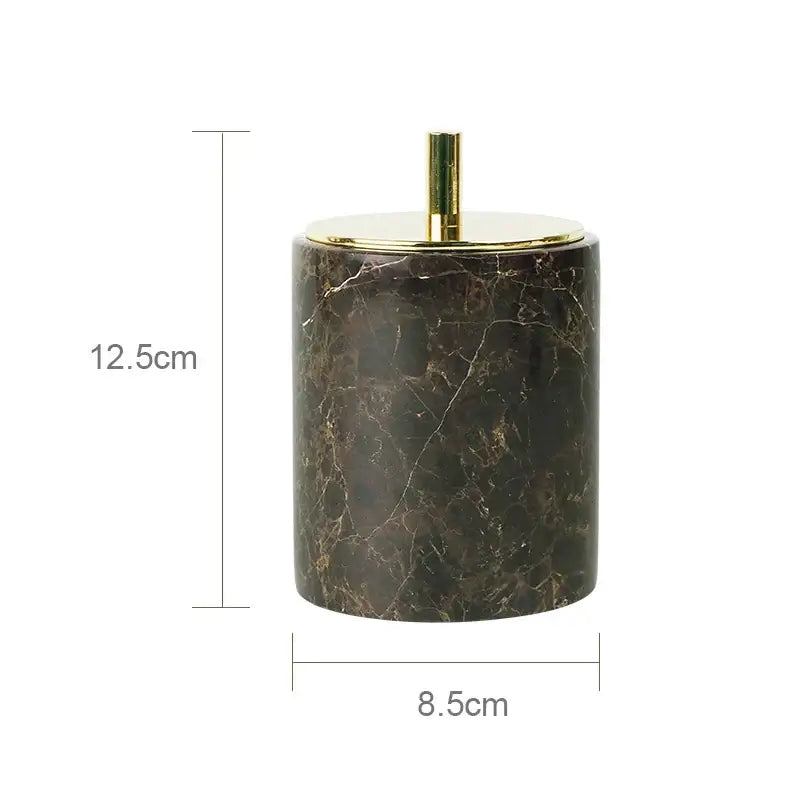 Dark brown emperador dark marble cylindrical bathroom container with gold-toned lid and central handle chrome accents