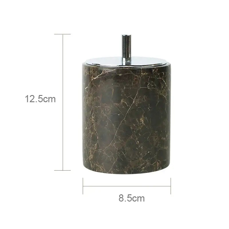 Emperador dark marble cylindrical ashtray with dark brown pattern and polished chrome lid for dark marble bathroom use