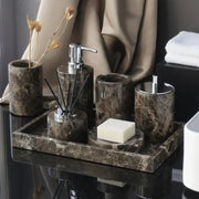 Emperador dark marble bathroom set in brown with chrome accents featuring elegant dark marble design
