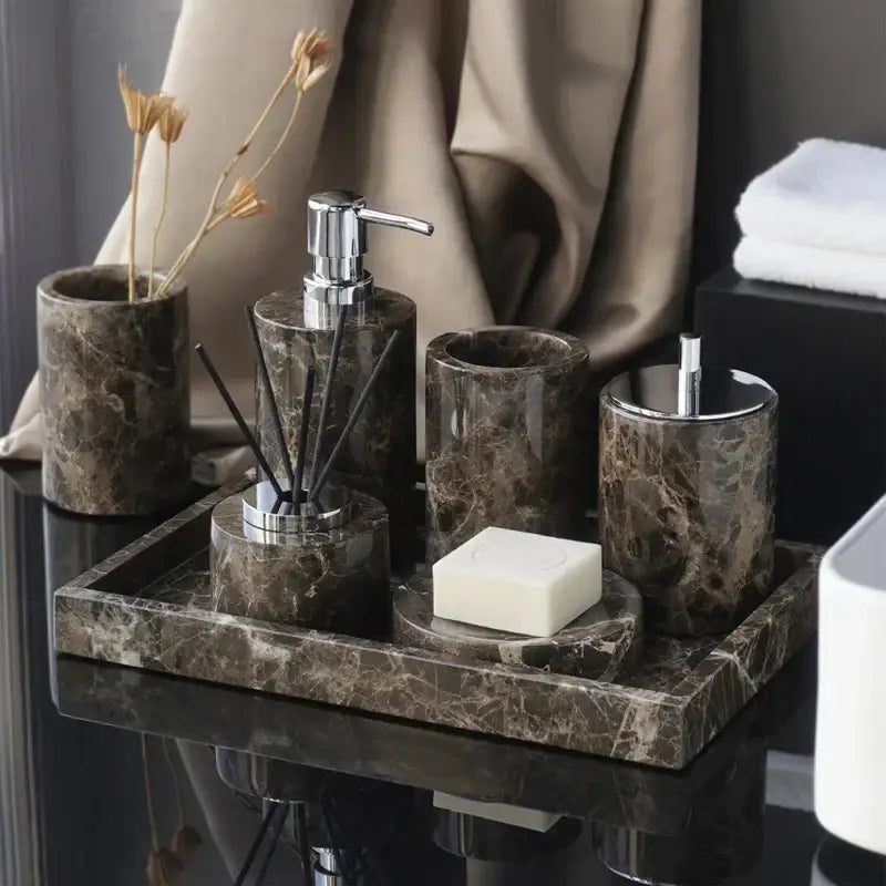 Emperador dark marble bathroom set in brown with chrome accents featuring elegant dark marble design
