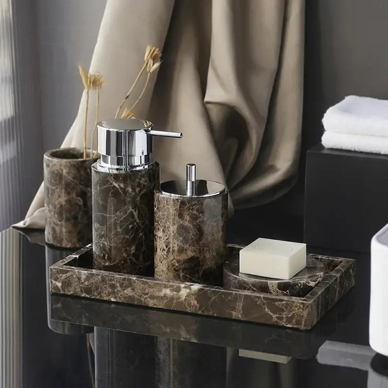Emperador dark marble bathroom set featuring brown marble with chrome finished pump and dispenser accents
