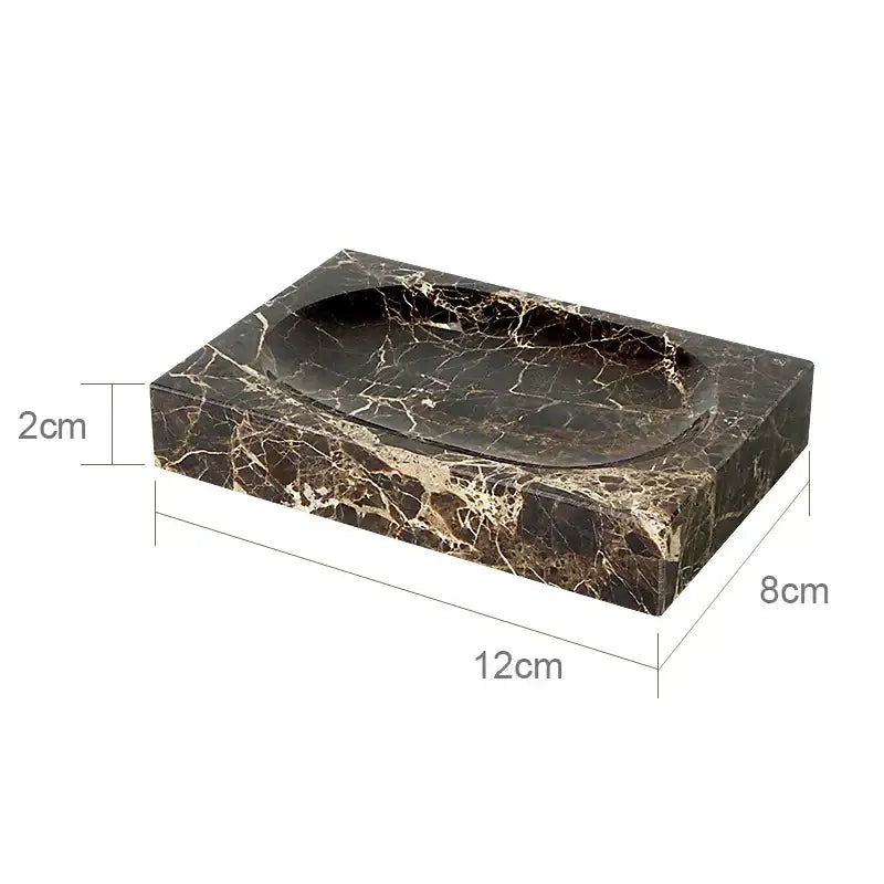 Emperedor dark marble soap dish with golden veining and smooth oval recess for dark marble bathroom set