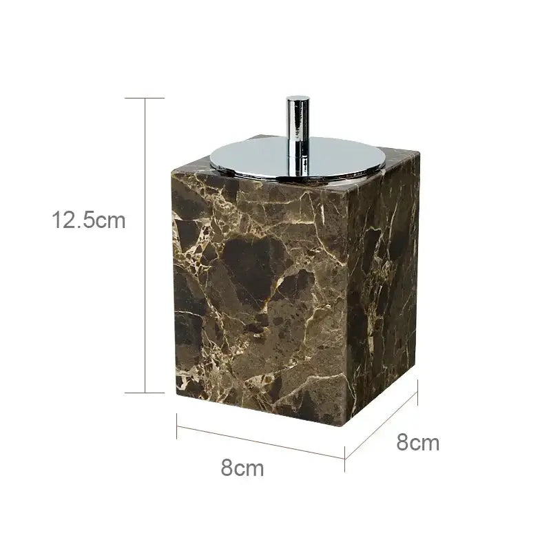 Brown marble toilet brush holder with polished chrome lid and stem from emperador dark marble bathroom set