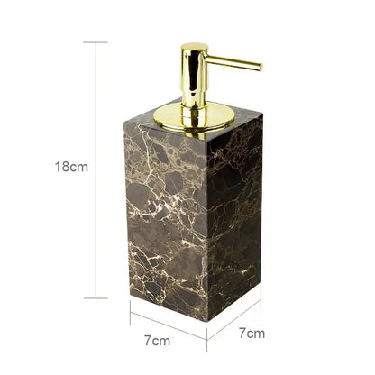 Elegant dark brown emperador dark marble soap dispenser with polished gold-tone pump for dark marble bathroom use