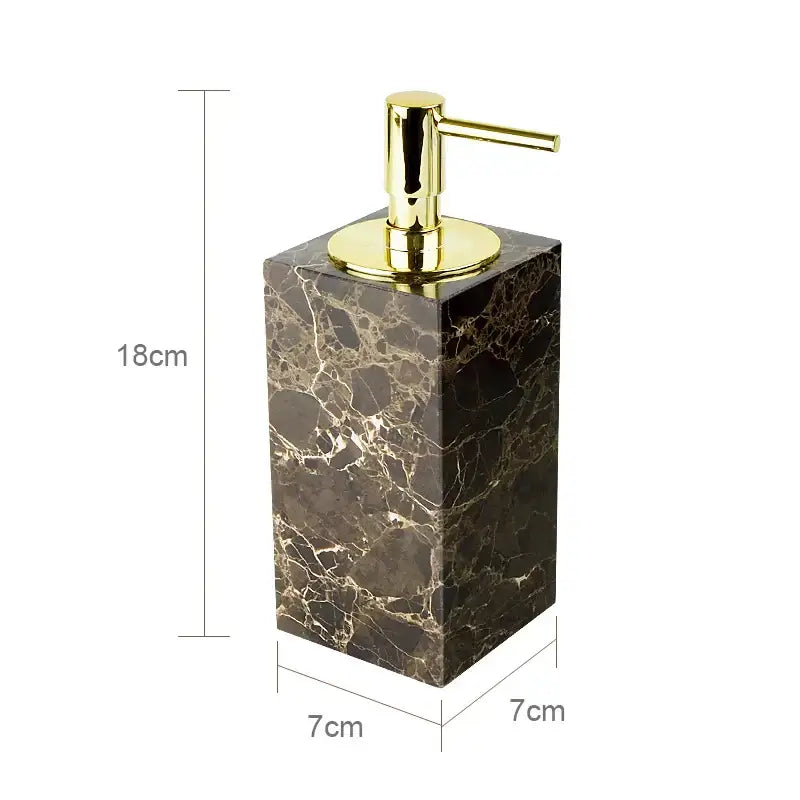 Elegant dark brown emperador dark marble soap dispenser with polished gold-tone pump for dark marble bathroom use