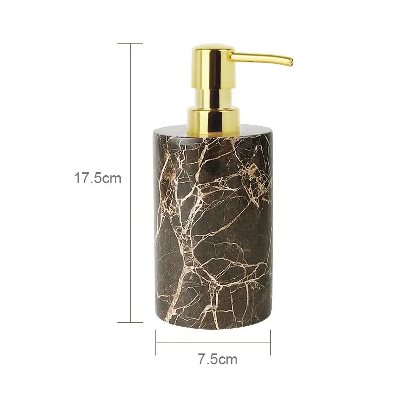 Elegant dark brown emperador dark marble soap dispenser with gold-tone pump for dark marble bathroom use