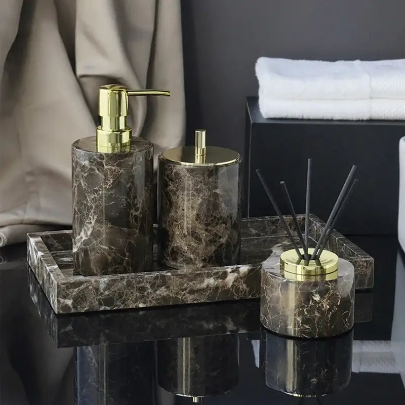 Emperador dark marble bathroom set with soap dispenser jar and reed diffuser in dark brown marble with chrome accents