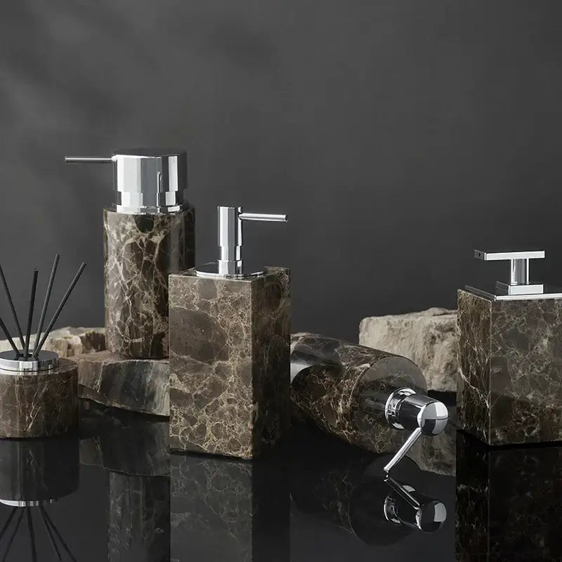 Elegant emperador dark marble bathroom set featuring dark brown marble and polished chrome pump dispensers