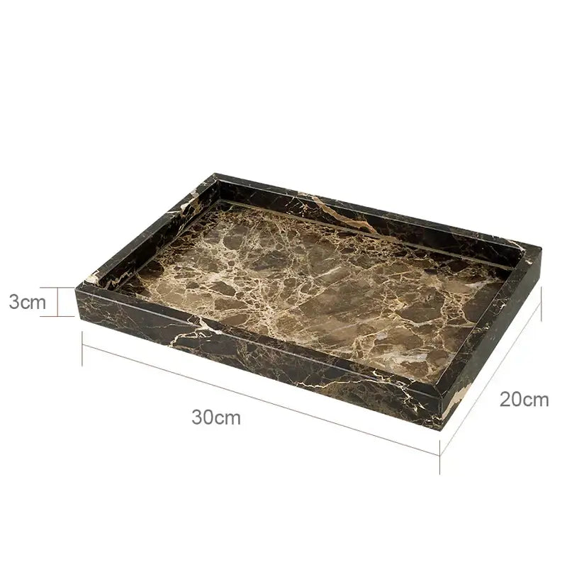 Rectangular serving tray with raised edges featuring emperador dark marble pattern in dark brown and gold tones