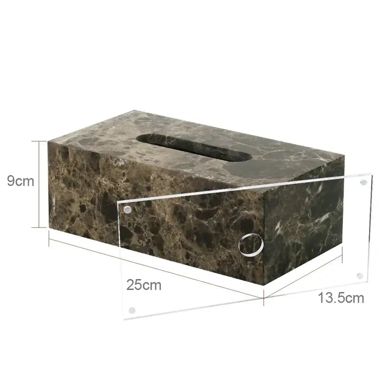 A rectangular emperador dark marble tissue box with a polished surface and elongated slot for dark marble bathroom use