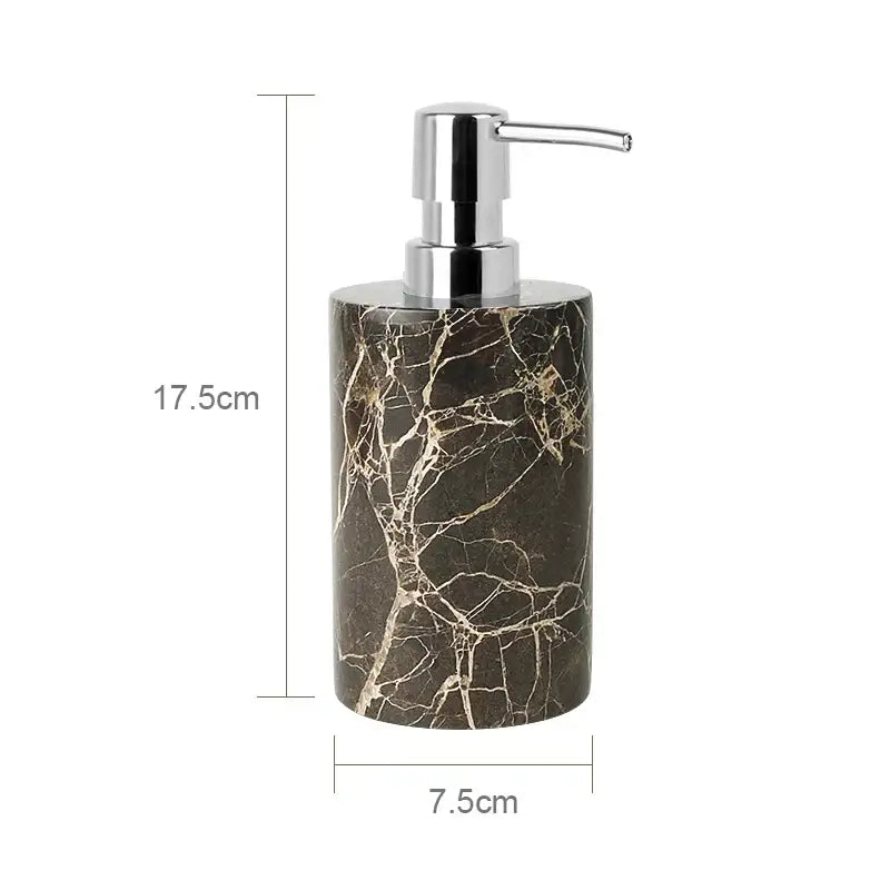 A sleek emperador dark marble soap dispenser with golden veining and polished chrome pump for bathroom use