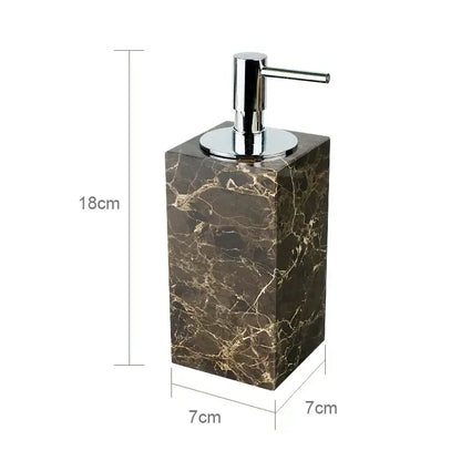 Emperador dark marble soap dispenser with polished chrome pump in a 7cm square design for dark marble bathroom use