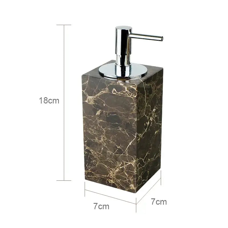Emperador dark marble soap dispenser with polished chrome pump in a 7cm square design for dark marble bathroom use