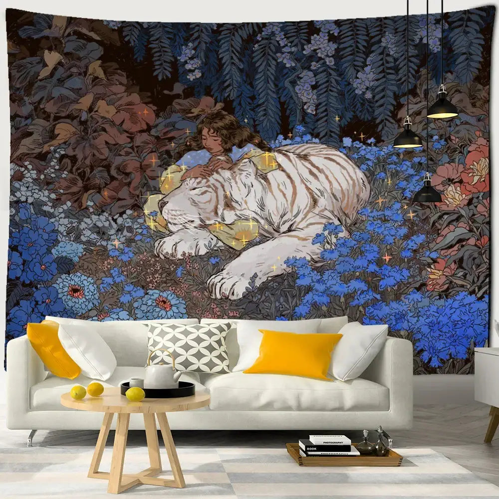 Whimsical enchanted forest tapestry featuring a child embracing a white tiger with vibrant blue and purple floral patterns