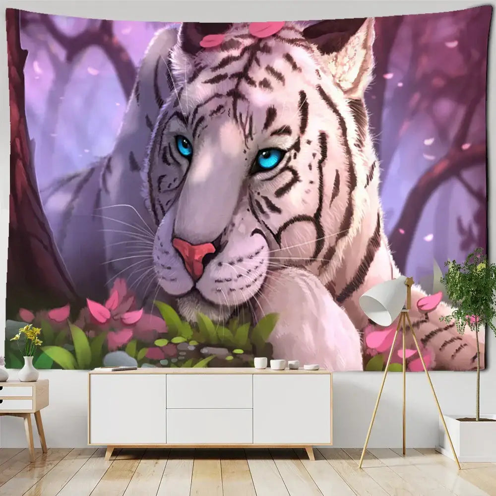A vibrant purple and pink enchanted forest tapestry featuring a white tiger with blue eyes and floral accents for bedroom decor