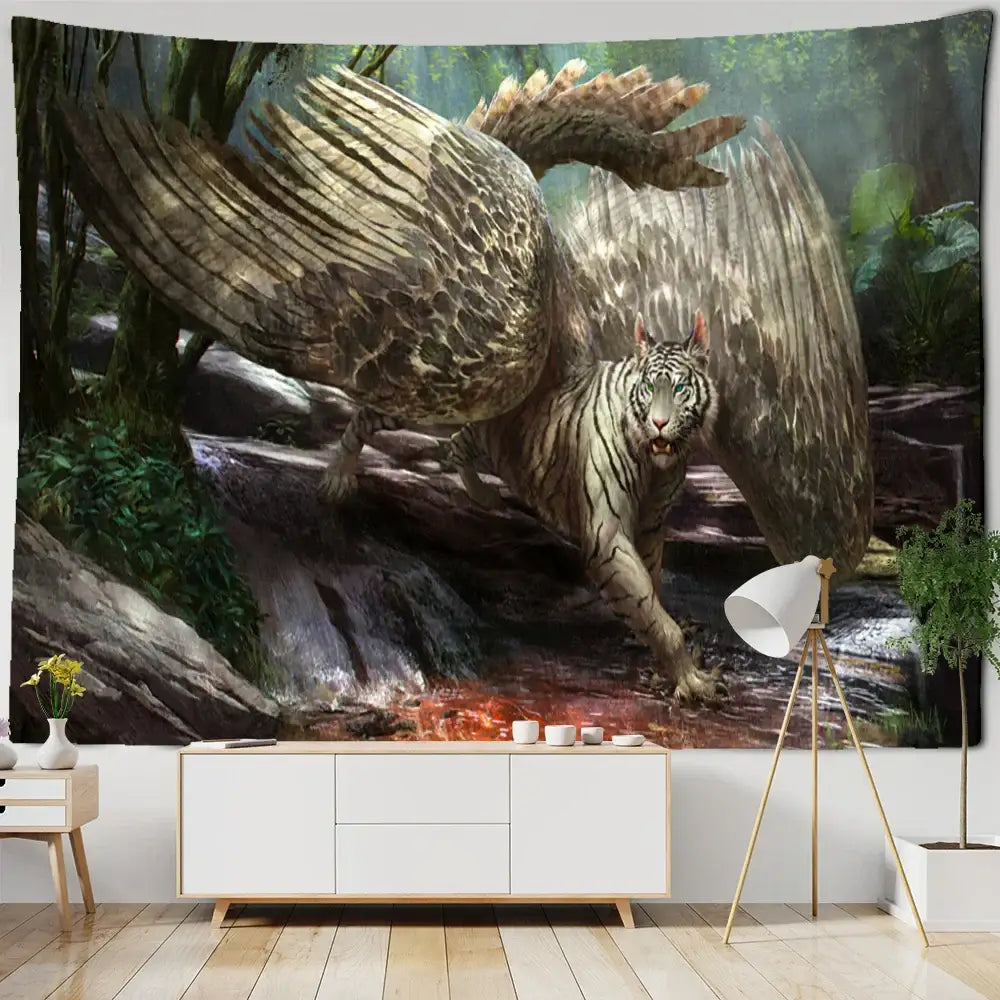 A detailed enchanted forest tapestry featuring a majestic white tiger with wings in a lush forest scene for bedroom decor