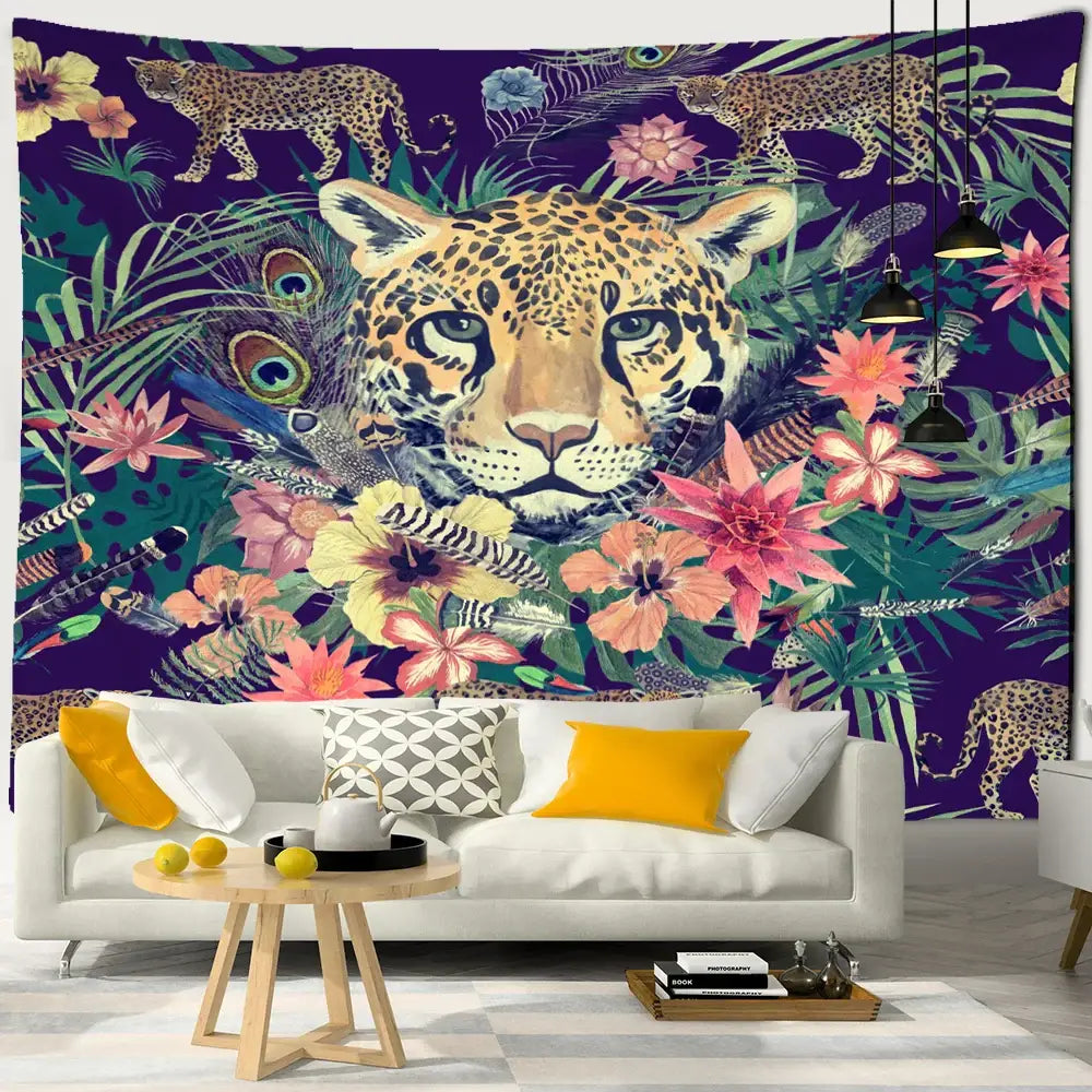 Vibrant purple enchanted forest tapestry featuring a central leopard face with tropical flowers and peacock feathers