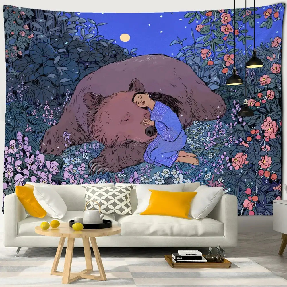 Whimsical blue and purple enchanted forest tapestry featuring a woman in a blue dress resting on a brown bear under stars