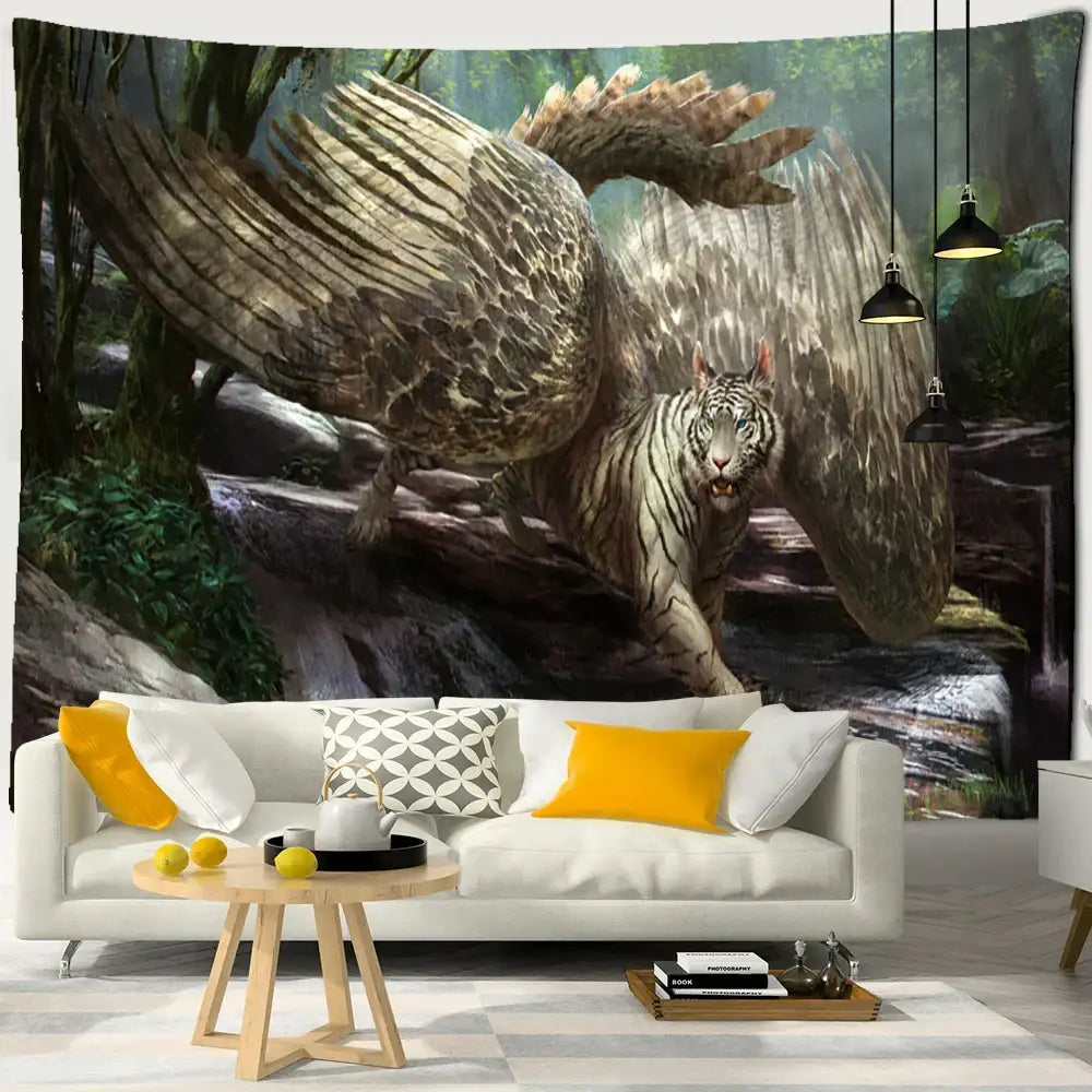 Detailed enchanted forest tapestry featuring a white tiger with feathered wings in a blue forest tapestry bedroom decor