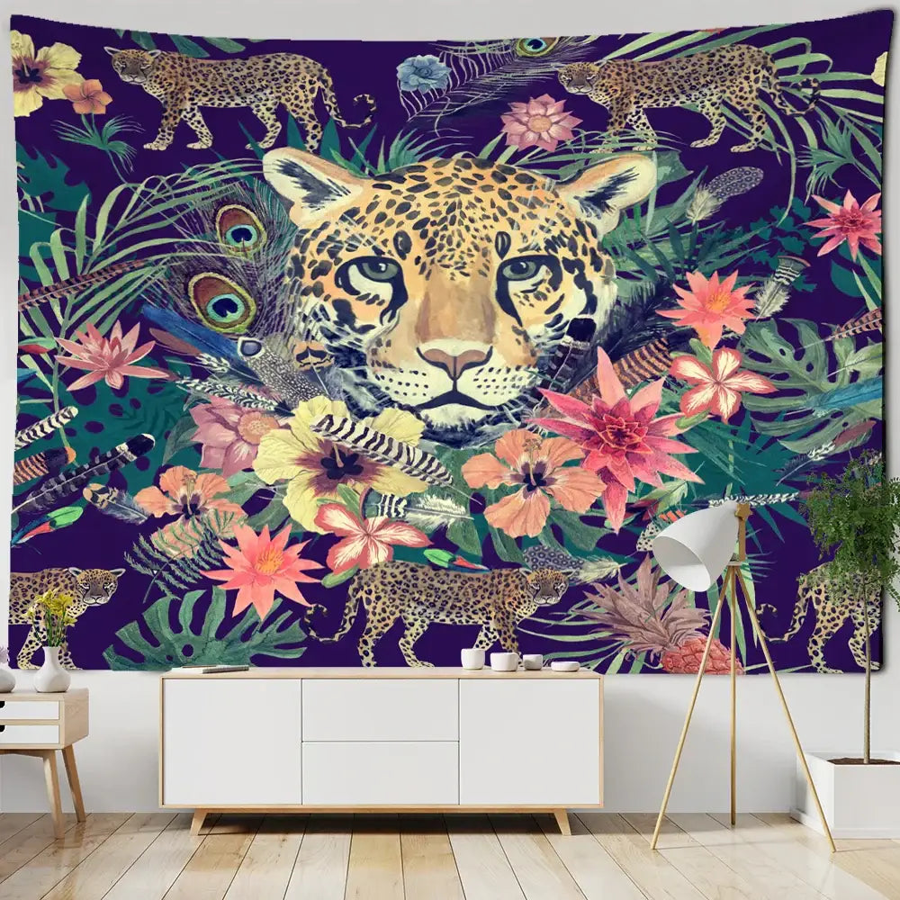 Vibrant purple enchanted forest tapestry featuring a central leopard face with tropical flowers and peacocks for bedroom decor