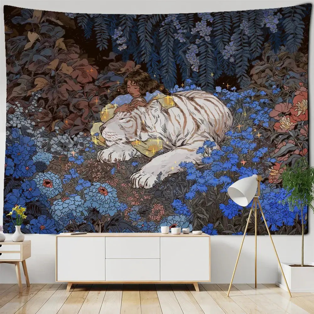 Whimsical enchanted forest tapestry featuring a child embracing a white tiger amidst blue and pink flowers with gold accents