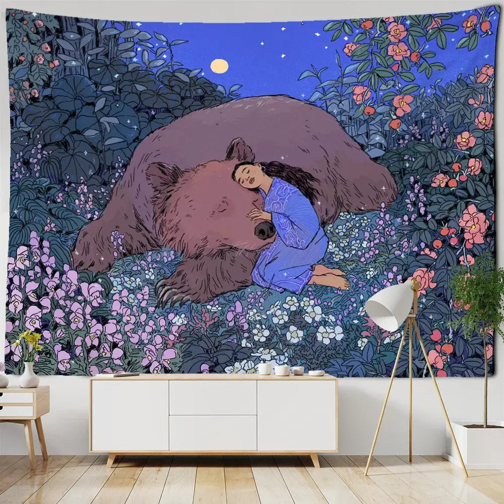 A soft blue enchanted forest tapestry depicting a woman resting against a brown bear with flowers under a full moon